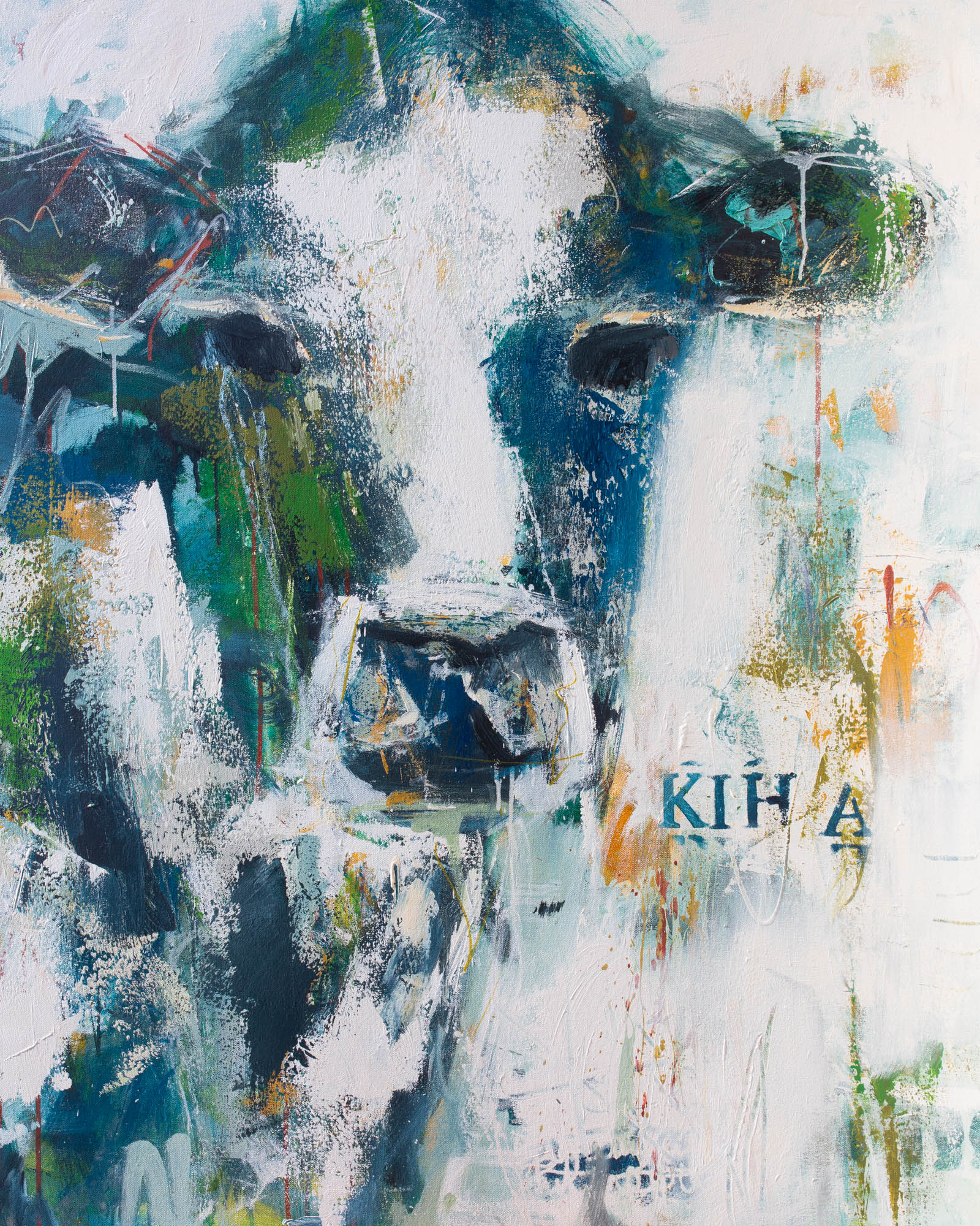 Kiha  - Abstract Cow by Australian Artist Rose Hewartson Original Abstract Painting on Canvas Framed 96x123 cm Statement Piece
