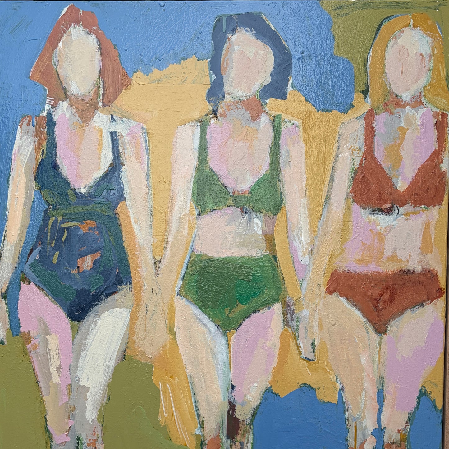 Three abstract figures in colorful swimsuits against a blue and yellow background - Refuse To SettleLead Me Astray - Rose Hewartson Original Abstract Painting on Canvas Framed 83x83 cm Statement Piece
