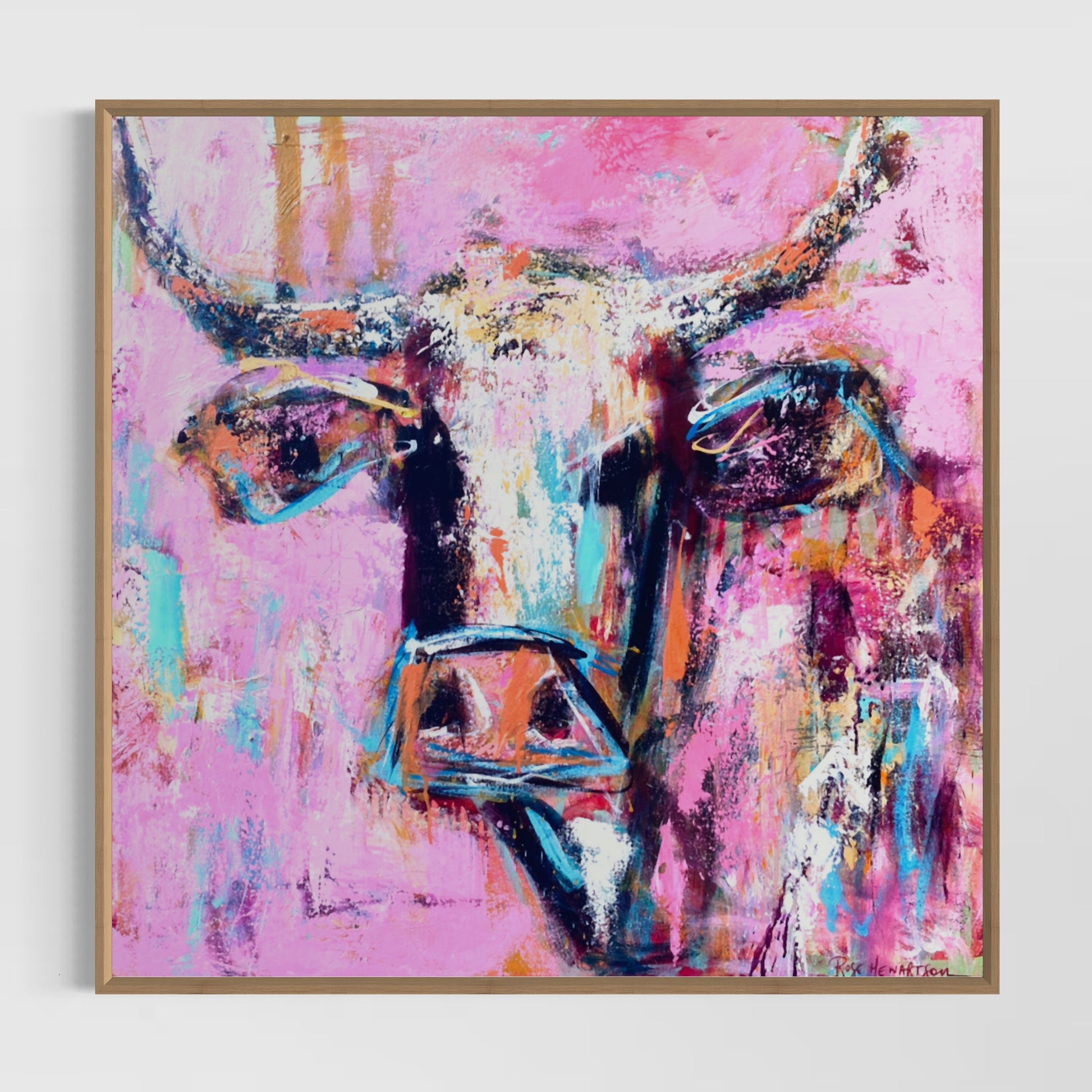 Lolly - by Australian Artist Rose Hewartson Original Abstract Cow Painting on Canvas Framed 90 x 90cm Statement Piece