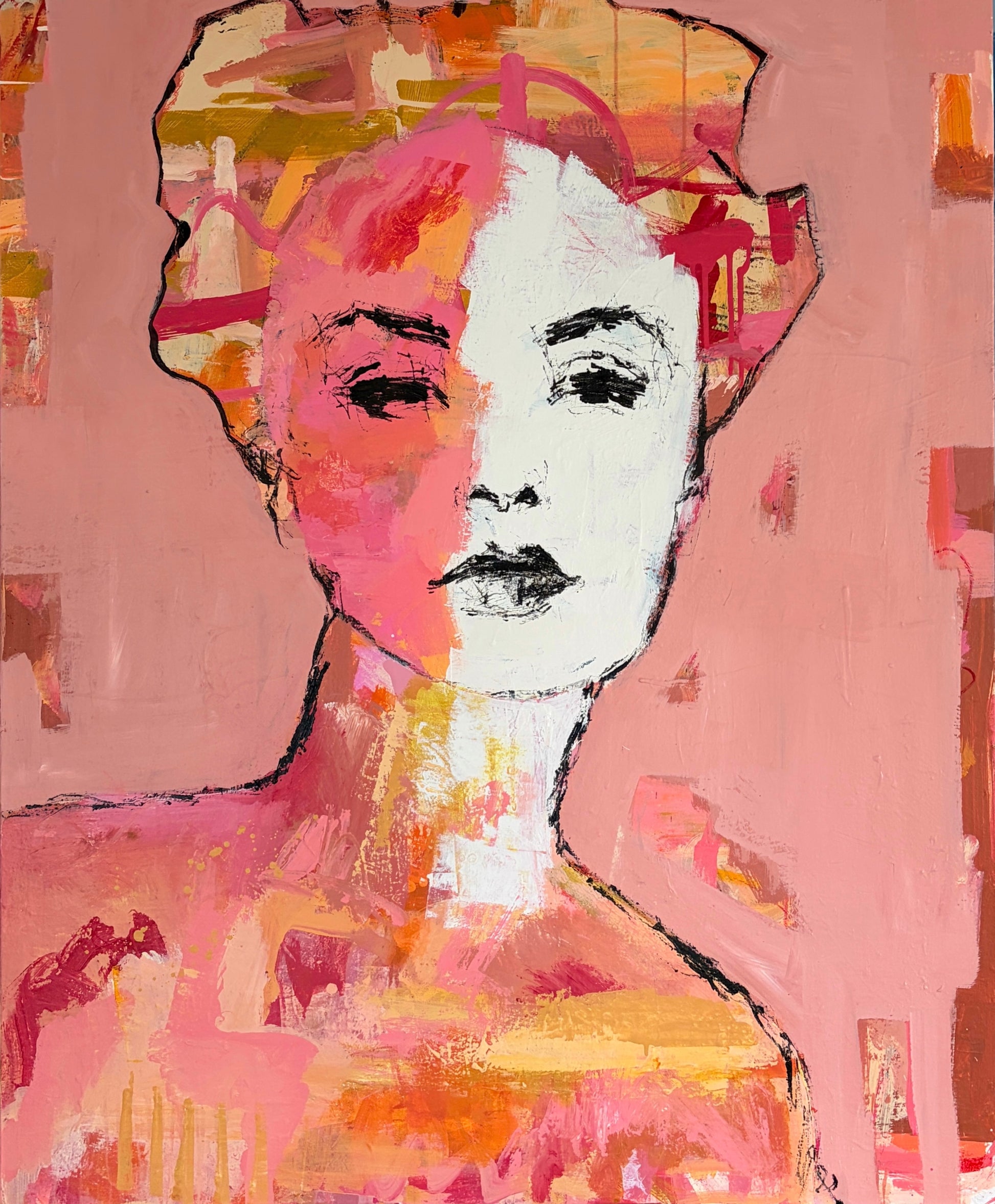 Lottie - Abstract figurative portrait of woman, art by Australian Artist Rose Hewartson Original Abstract Painting on Canvas Framed 99x123 cm Statement Piece