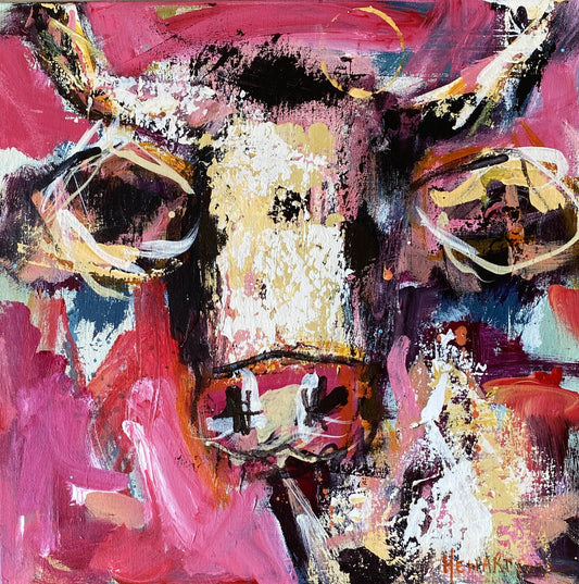 Lucky  - by Australian Artist Rose Hewartson Original Abstract Cow Painting on Canvas Framed 45 x 45cm Statement Piece