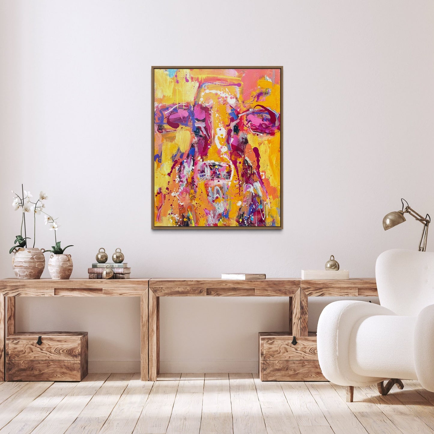 Marigold - Abstract Cow by Australian Artist Rose Hewartson Original Abstract Painting on Canvas Framed 99x123 cm Statement Piece