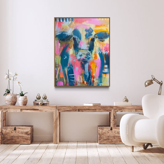 Matilda- Abstract Cow by Australian Artist Rose Hewartson Original Abstract Painting on Canvas Framed 96x123 cm Statement Piece