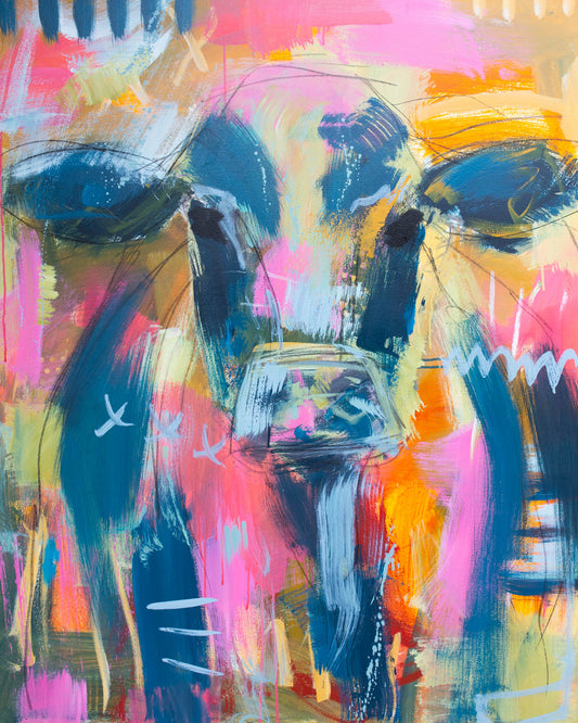 Matilda- Abstract Cow by Australian Artist Rose Hewartson Original Abstract Painting on Canvas Framed 96x123 cm Statement Piece