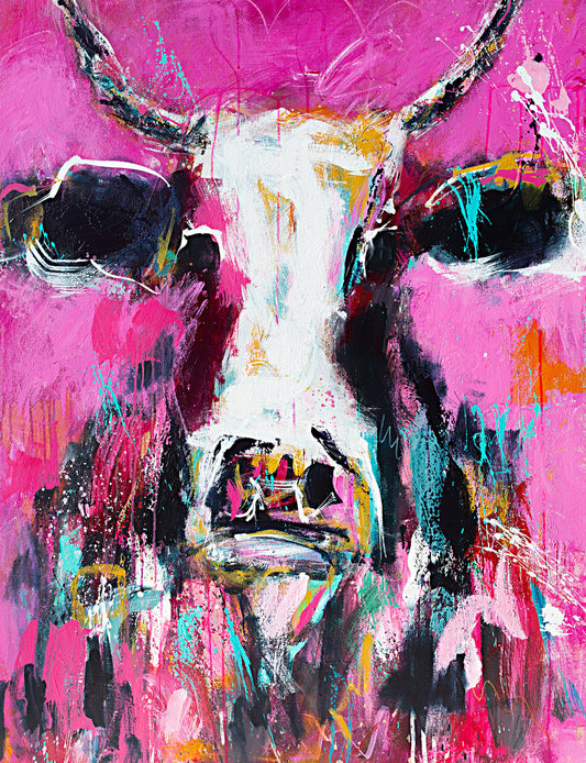 Cow art print of bright pink cow by Australian Artist Rose Hewartson