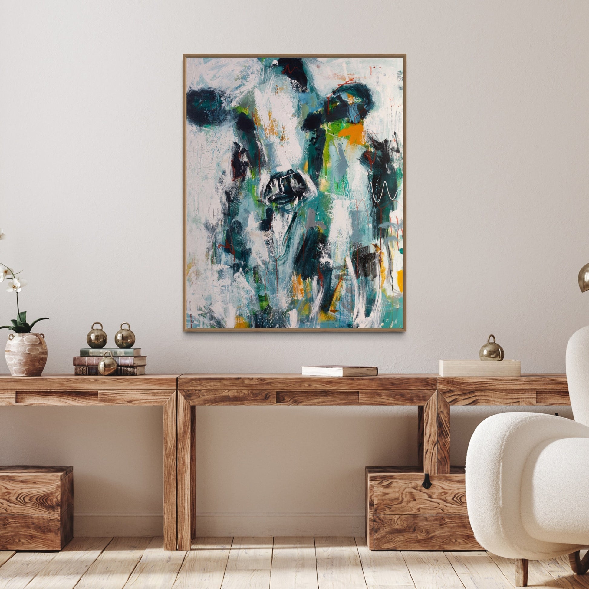 McKinley  - Abstract Cow by Australian Artist Rose Hewartson Original Abstract Painting on Canvas Framed 96x123 cm Statement Piece