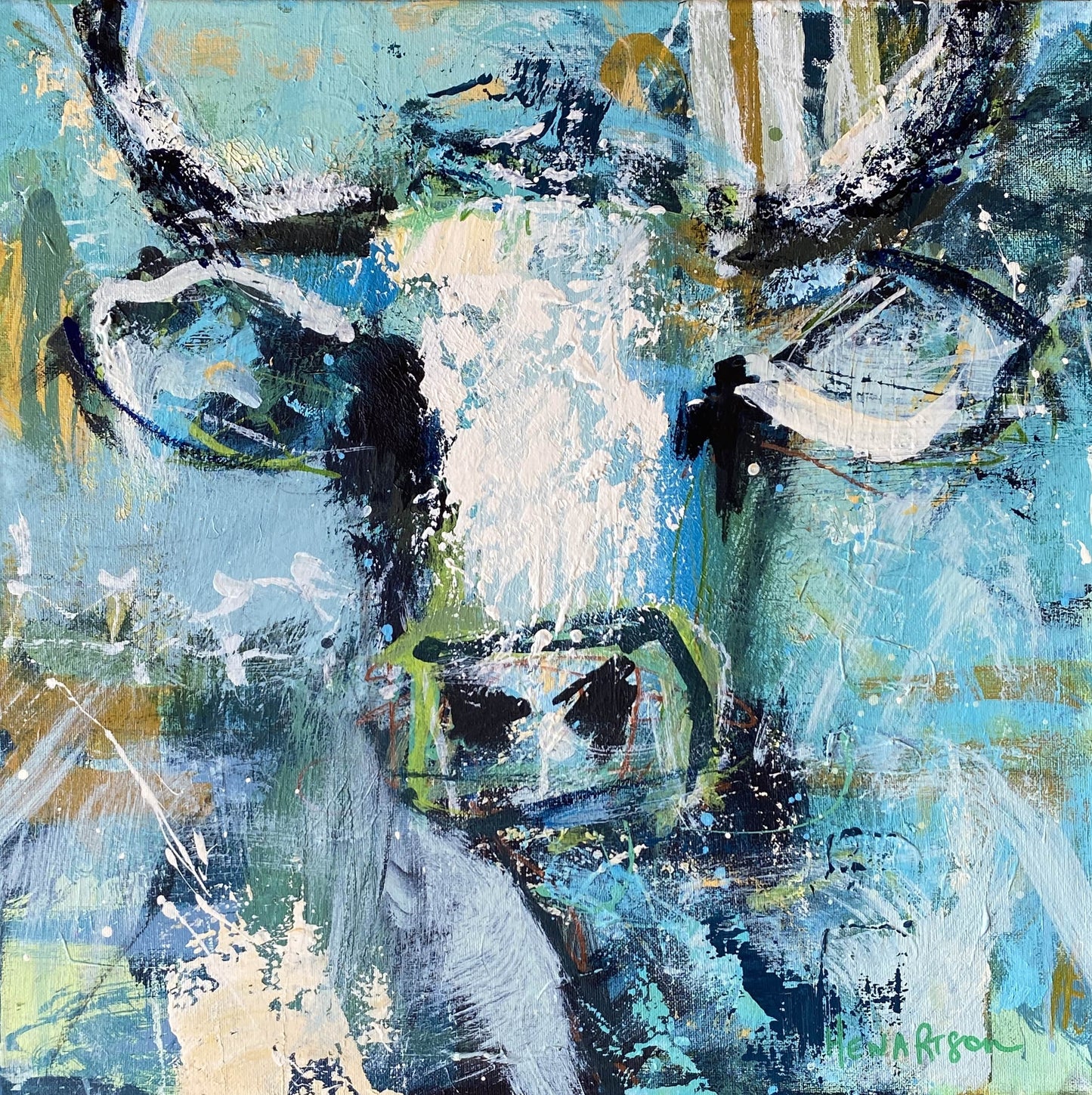 Millie   - by Australian Artist Rose Hewartson Original Abstract Cow Painting on Canvas Framed 45 x 45cm Statement Piece