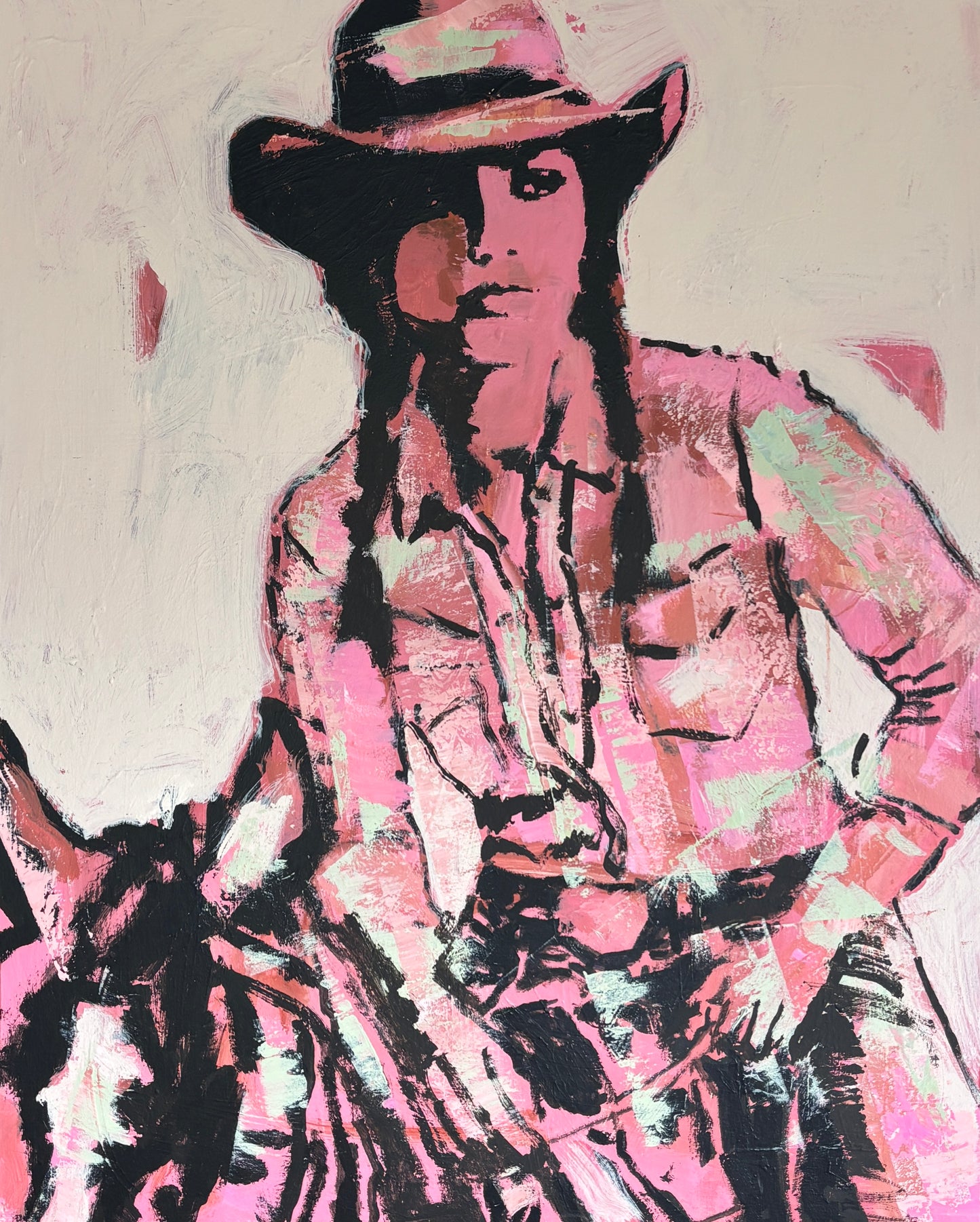 No Hesitation - Abstract figurative portrait of cowgirl, art by Australian Artist Rose Hewartson Original Abstract Painting on Canvas Framed, Statement Piece