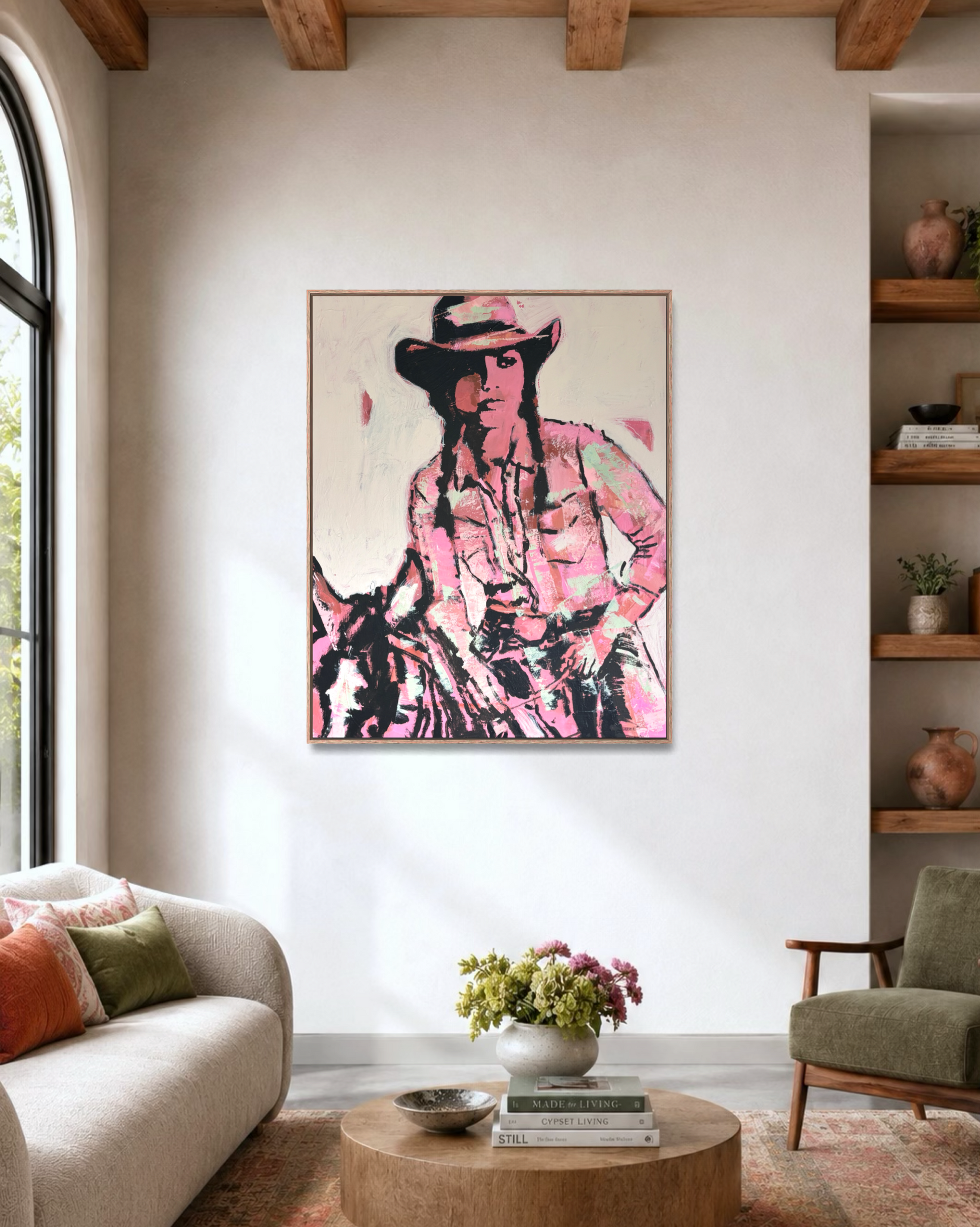 No Hesitation - Abstract figurative portrait of cowgirl, art by Australian Artist Rose Hewartson Original Abstract Painting on Canvas Framed, Statement Piece