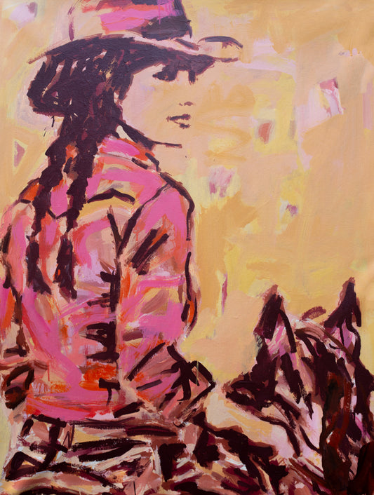 No Turning Back  - Abstract figurative portrait of cowgirl, art by Australian Artist Rose Hewartson Original Abstract Painting on Canvas Framed, Statement Piece