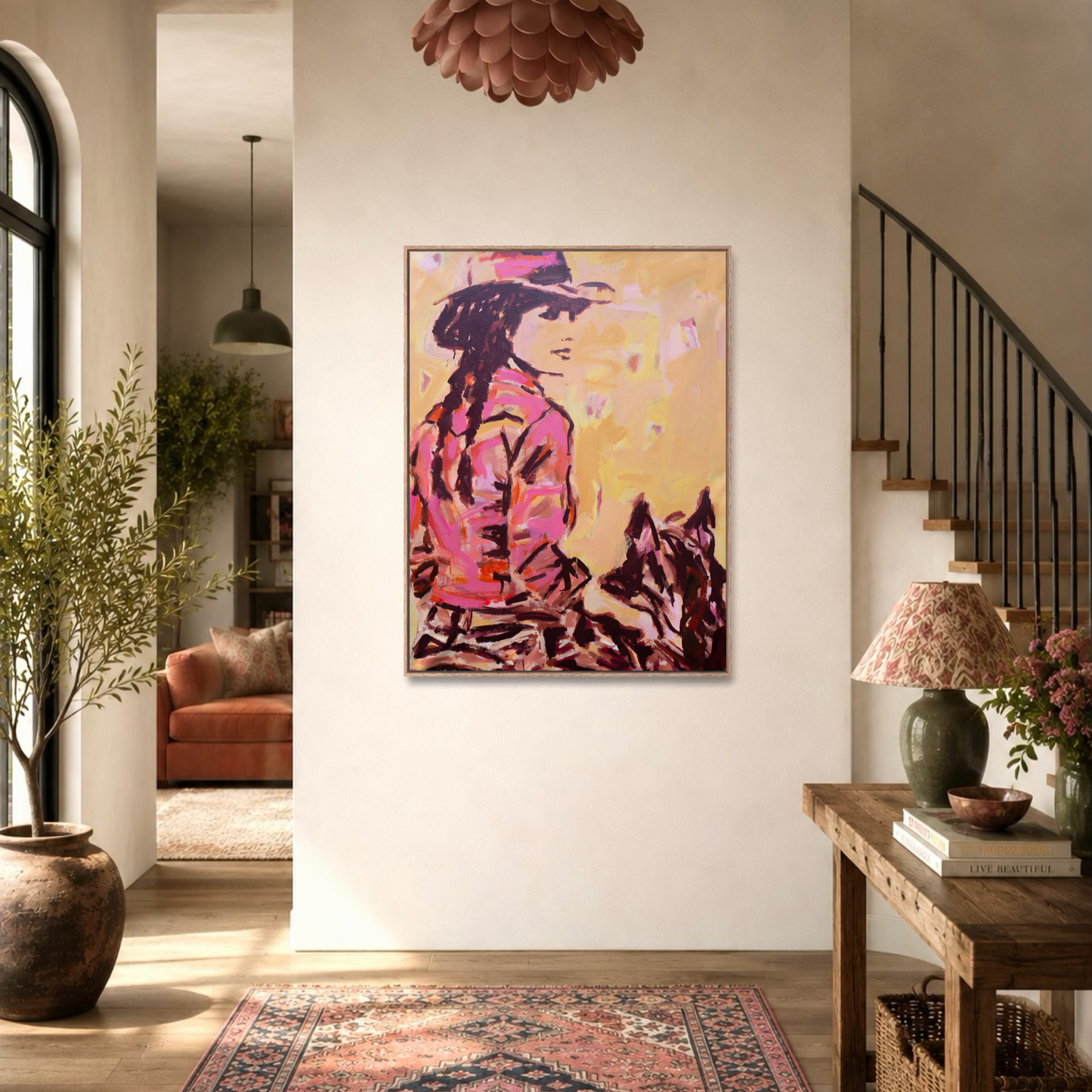 No Turning Back  - Abstract figurative portrait of cowgirl, art by Australian Artist Rose Hewartson Original Abstract Painting on Canvas Framed, Statement Piece