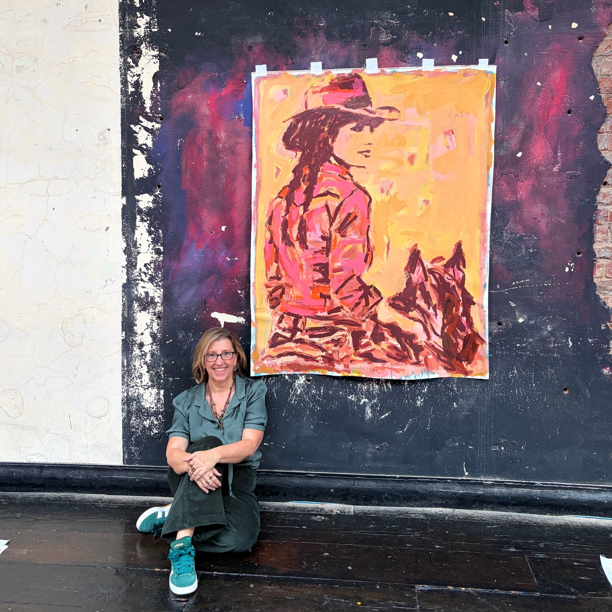 No Turning Back  - Abstract figurative portrait of cowgirl, art by Australian Artist Rose Hewartson Original Abstract Painting on Canvas Framed, Statement Piece