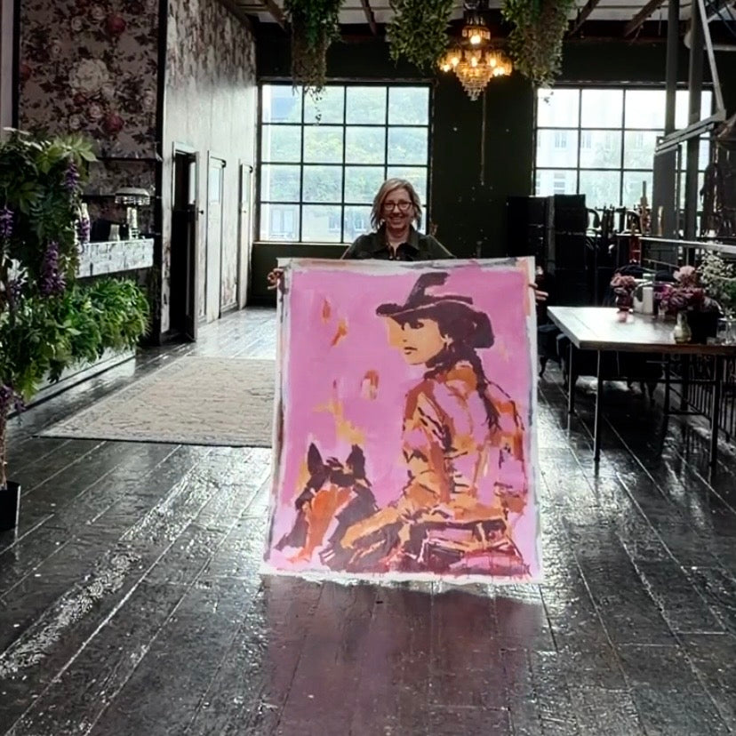 No Small Life  - Abstract figurative portrait of cowgirl, art by Australian Artist Rose Hewartson Original Abstract Painting on Canvas Framed, Statement Piece