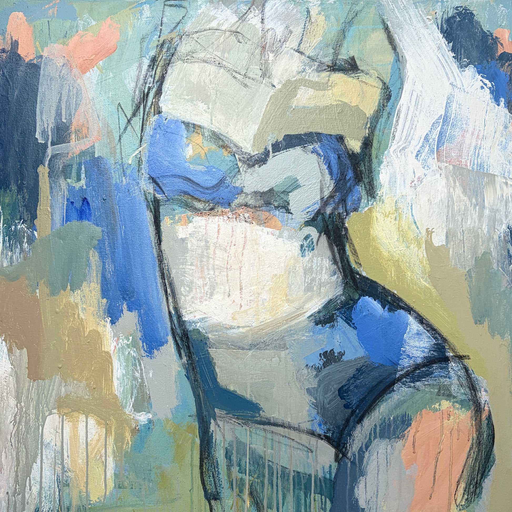 Not Here To Behave - Abstract figurative portrait of woman, art by Australian Artist Rose Hewartson Original Abstract Painting on Canvas Framed 83x83 cm Statement Piece