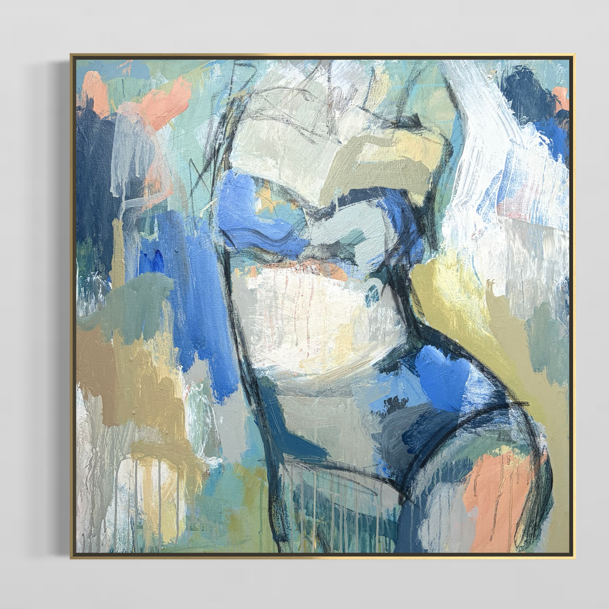 Not Here To Behave - Abstract figurative portrait of woman, art by Australian Artist Rose Hewartson Original Abstract Painting on Canvas Framed 83x83 cm Statement Piece