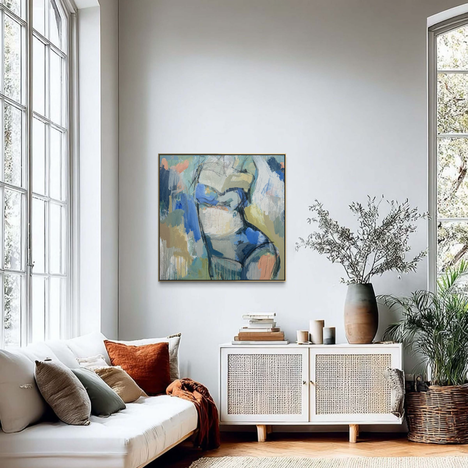 Not Here To Behave - Abstract figurative portrait of woman, art by Australian Artist Rose Hewartson Original Abstract Painting on Canvas Framed 83x83 cm Statement Piece