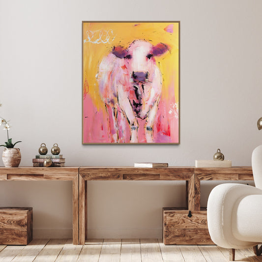 Primrose  - Abstract Cow by Australian Artist Rose Hewartson Original Abstract Painting on Canvas Framed 96x123 cm Statement Piece