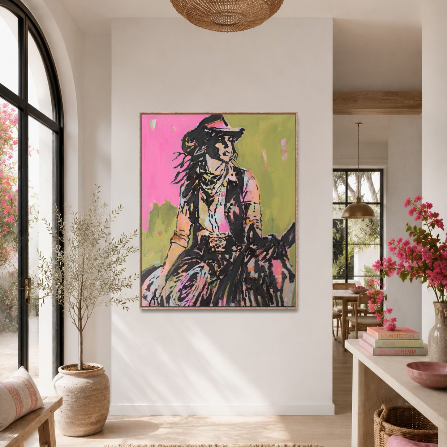 Raised Wild - Abstract figurative portrait of cowgirl, art by Australian Artist Rose Hewartson Original Abstract Painting on Canvas Framed, Statement Piece