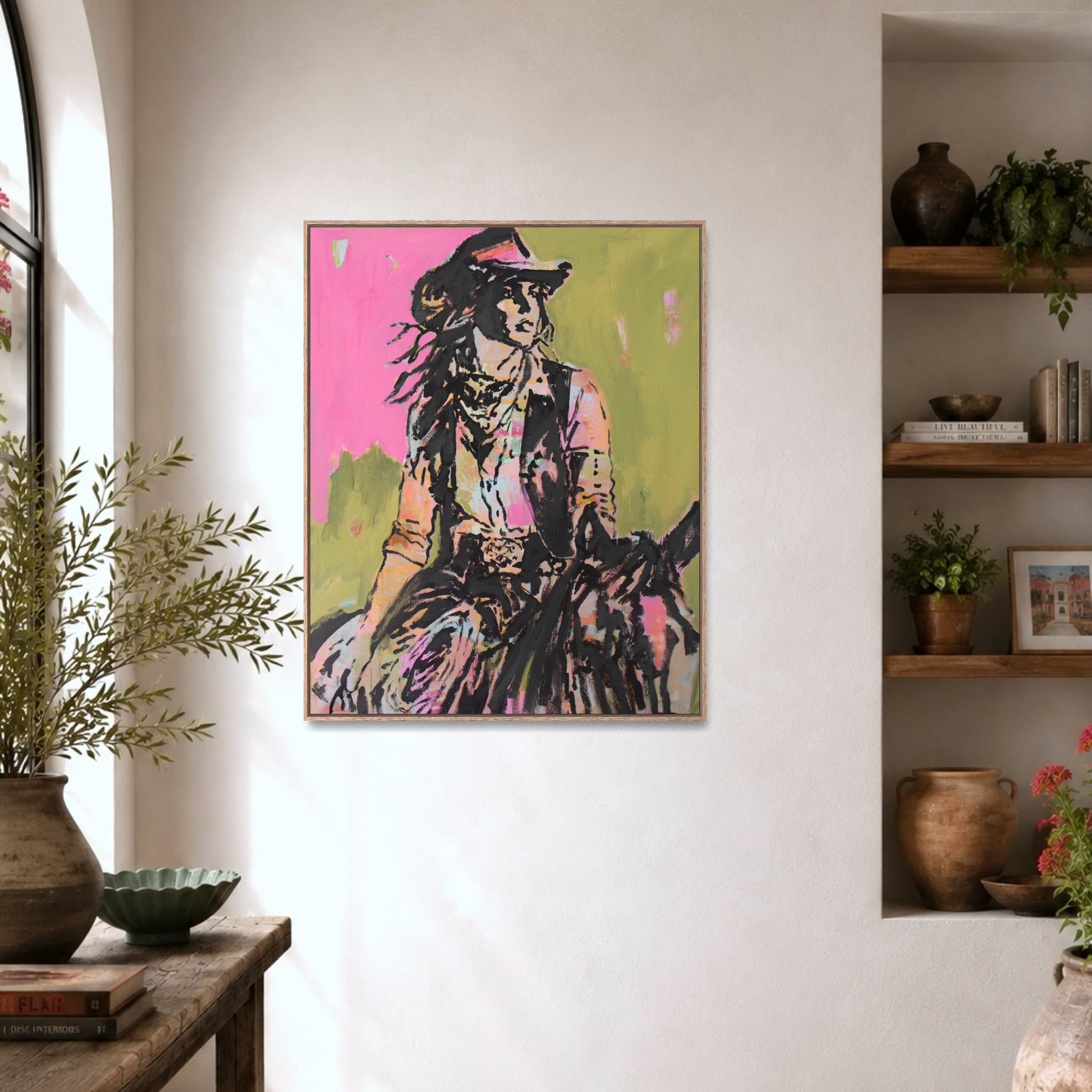 Raised Wild - Abstract figurative portrait of cowgirl, art by Australian Artist Rose Hewartson Original Abstract Painting on Canvas Framed, Statement Piece