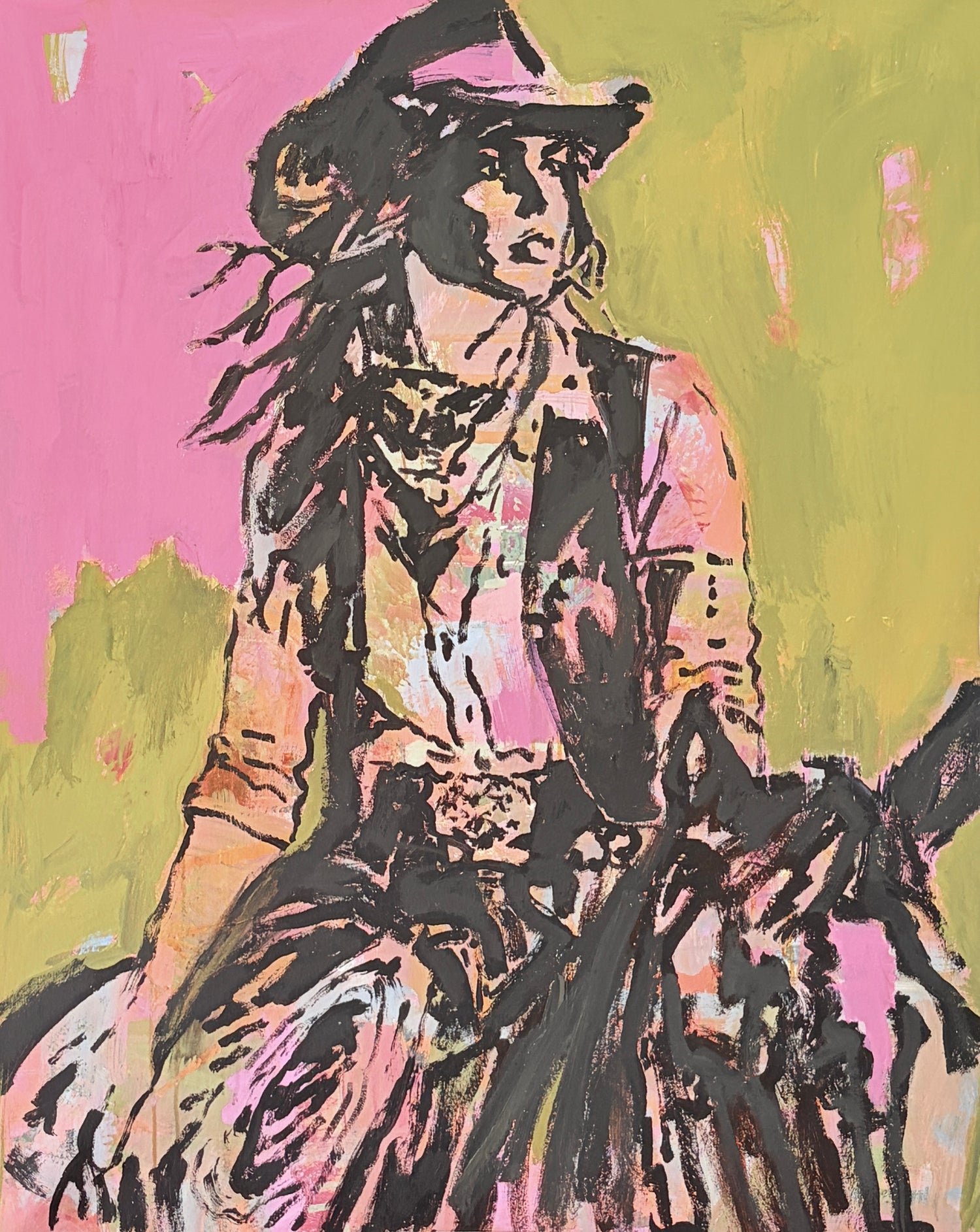 Raised Wild - Abstract figurative portrait of cowgirl, art by Australian Artist Rose Hewartson Original Abstract Painting on Canvas Framed, Statement Piece