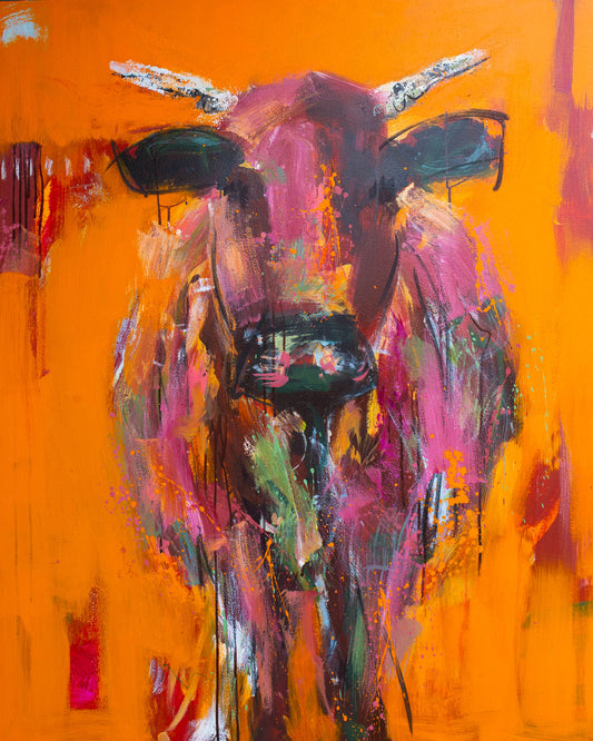 RAPHAEL- Abstract Cow by Australian Artist Rose Hewartson Original Abstract Painting on Canvas Framed 96x123 cm Statement Piece