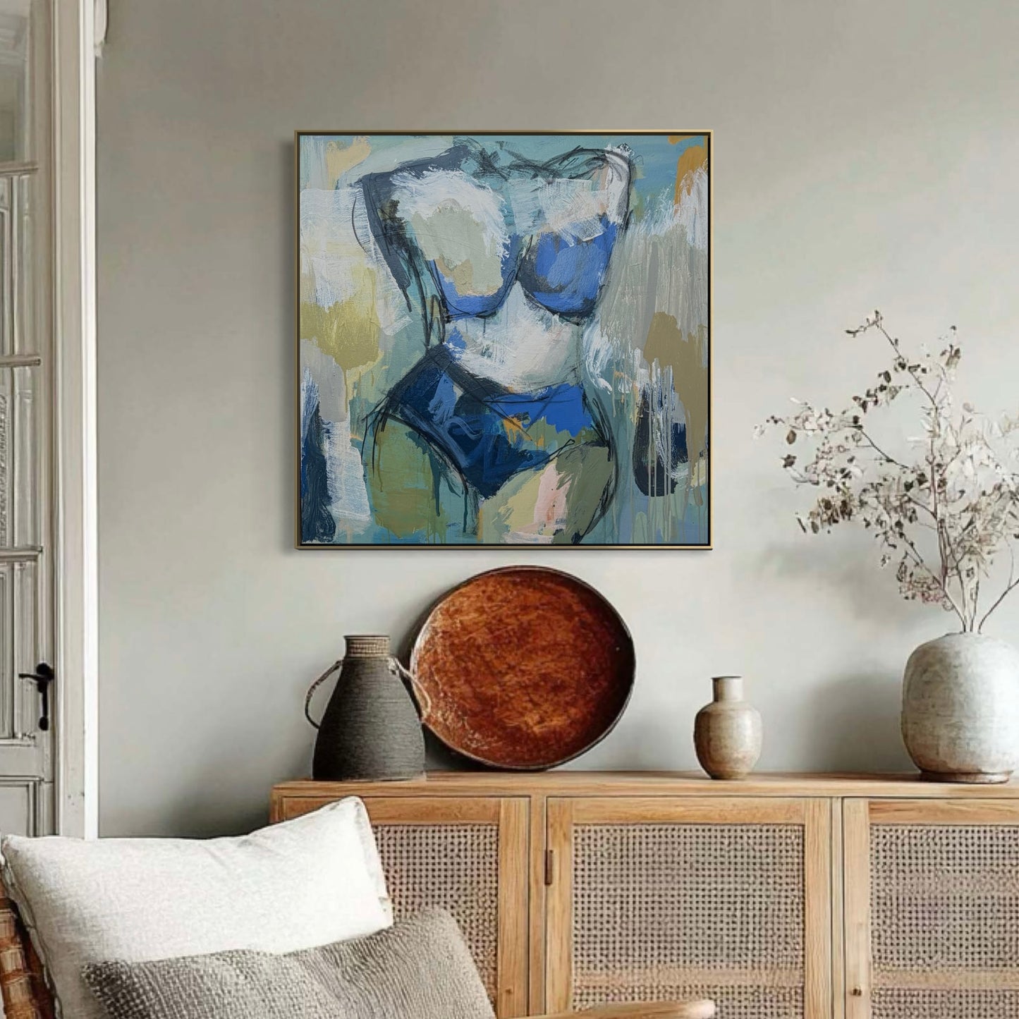 Refuse To Settle - Abstract figurative portrait of woman, art by Australian Artist Rose Hewartson Original Abstract Painting on Canvas Framed 83x83 cm Statement Piece