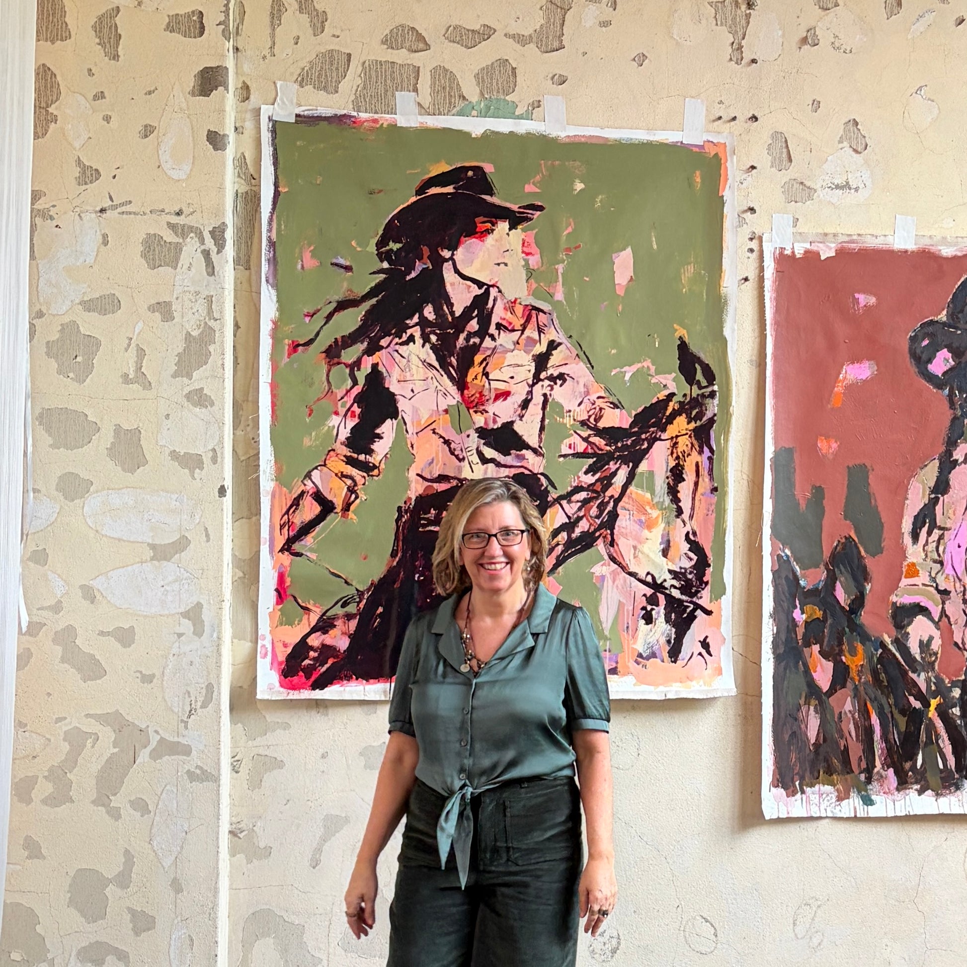 Ride Your Own Trail - Abstract figurative portrait of cowgirl, art by Australian Artist Rose Hewartson Original Abstract Painting on Canvas Framed, Statement Piece