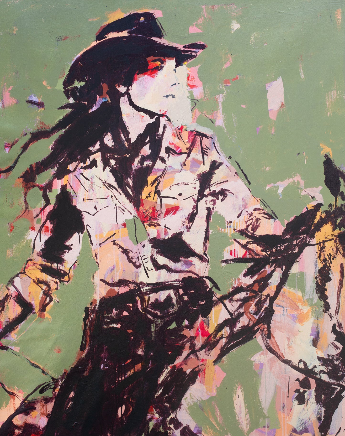 Ride Your Own Trail - Abstract figurative portrait of cowgirl, art by Australian Artist Rose Hewartson Original Abstract Painting on Canvas Framed, Statement Piece