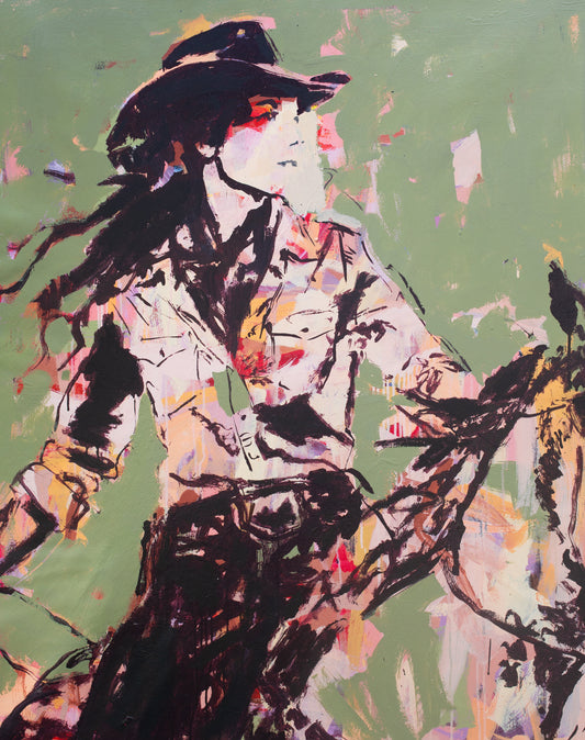 Ride Your Own Trail - Abstract figurative portrait of cowgirl, art by Australian Artist Rose Hewartson Original Abstract Painting on Canvas Framed, Statement Piece
