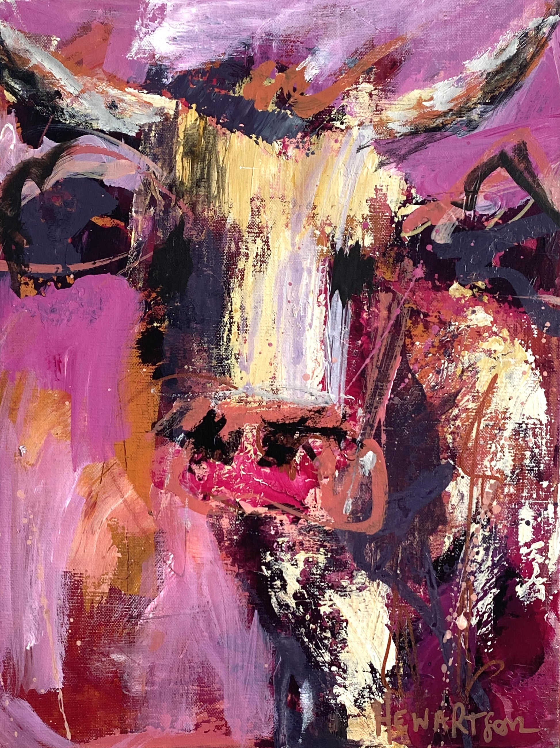 Rocky- by Australian Artist Rose Hewartson Original Abstract Cow Painting on Canvas Framed 31 x 41cm