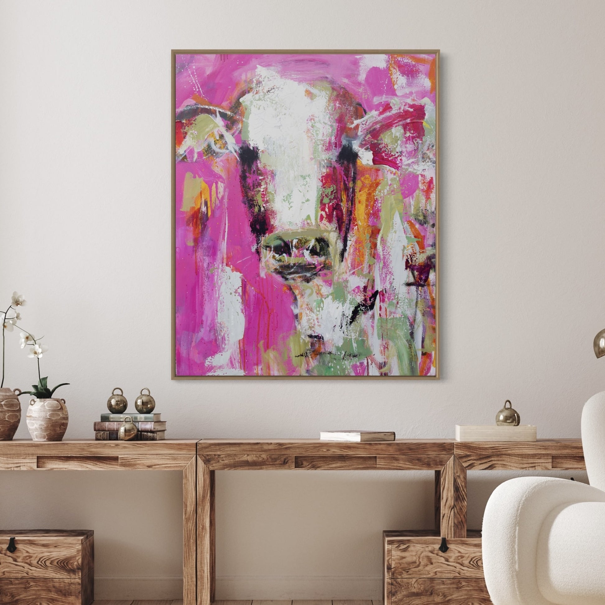Ruby - Abstract Cow by Australian Artist Rose Hewartson Original Abstract Painting on Canvas Framed 96x123 cm Statement Piece