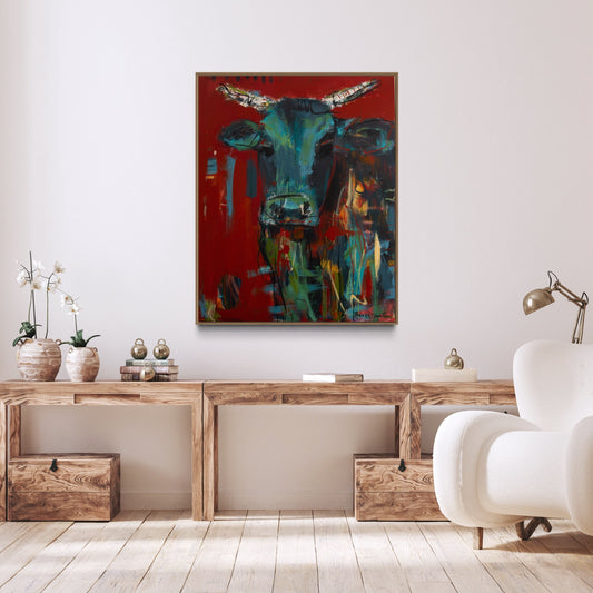 Rusty - Abstract Cow by Australian Artist Rose Hewartson Original Abstract Painting on Canvas Framed 96x123 cm Statement Piece