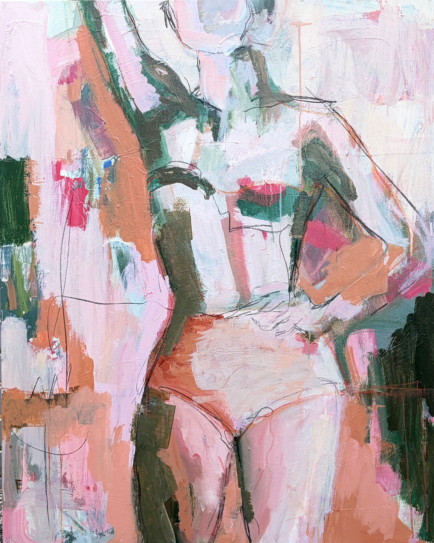 Abstract art with a mix of pink, green, and brown colors on a white background - Second Time Around - Abstract figurative portrait of woman, art by Australian Artist Rose Hewartson Original Abstract Painting on Canvas Framed 99x123 cm Statement Piece