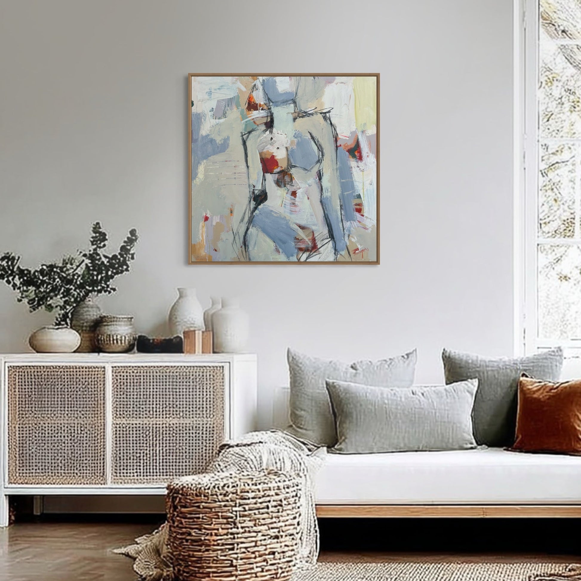 She Own's The Room - Abstract figurative portrait of woman, art by Australian Artist Rose Hewartson Original Abstract Painting on Canvas Framed 83x83 cm Statement Piece