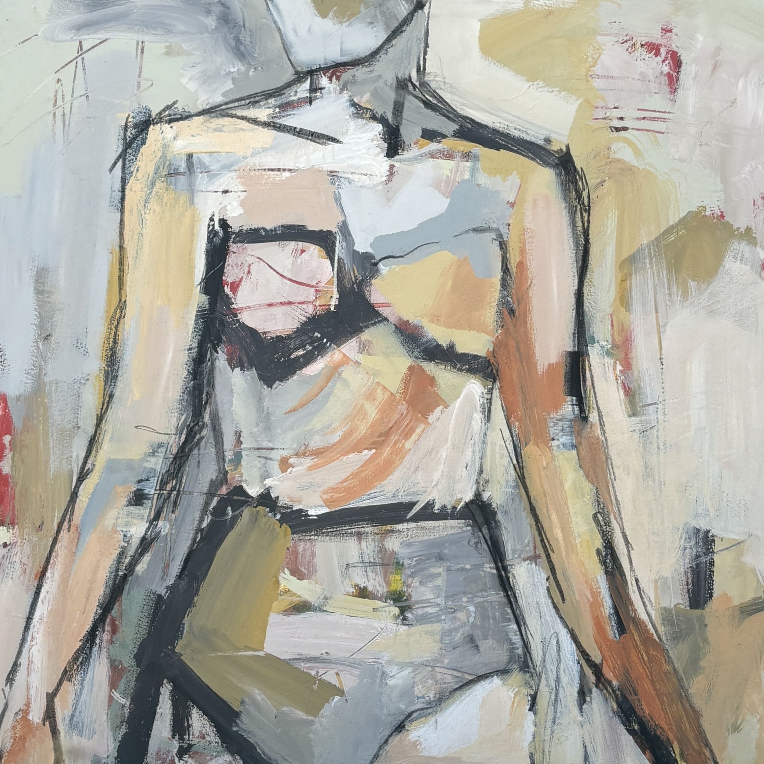 She's Here For It - Abstract figurative portrait of woman, art by Australian Artist Rose Hewartson Original Abstract Painting on Canvas Framed 83x83 cm Statement Piece