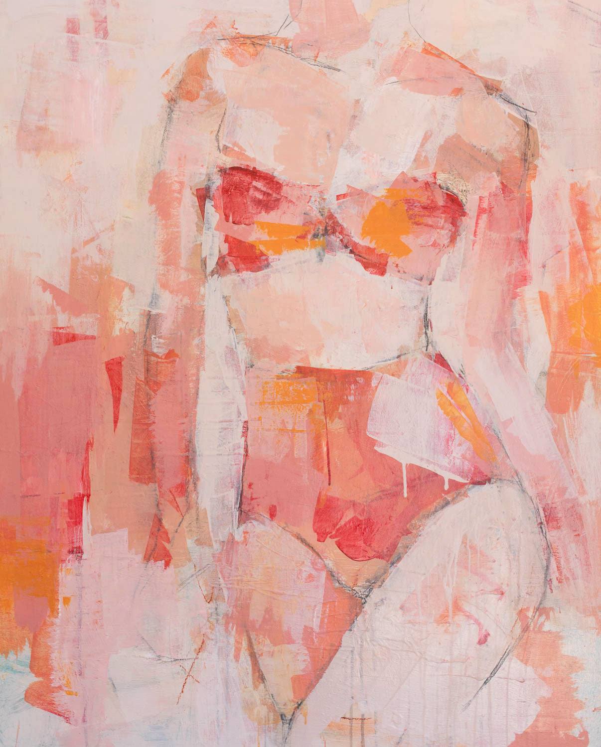 Abstract figure painting with pink, orange, and white colours on a light background - Strong Heart - Abstract figurative portrait of woman, art by Australian Artist Rose Hewartson Original Abstract Painting on Canvas Framed 99x123 cm Statement Piece