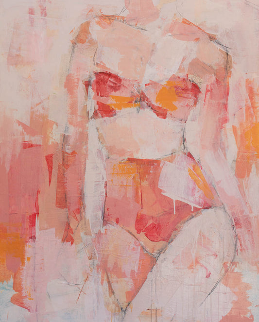Abstract figure painting with pink, orange, and white colours on a light background - Strong Heart - Abstract figurative portrait of woman, art by Australian Artist Rose Hewartson Original Abstract Painting on Canvas Framed 99x123 cm Statement Piece