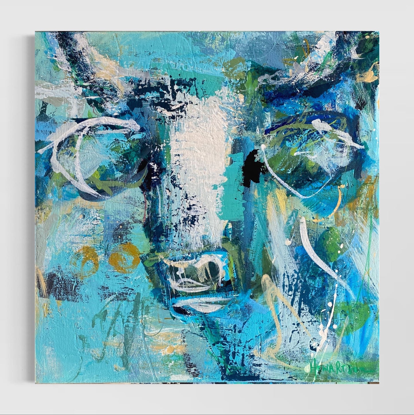 Tallulah   - by Australian Artist Rose Hewartson Original Abstract Cow Painting on Canvas Framed 45 x 45cm Statement Piece