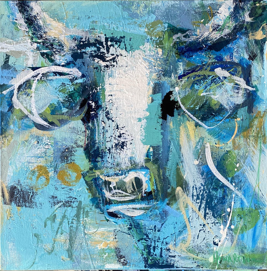 Tallulah   - by Australian Artist Rose Hewartson Original Abstract Cow Painting on Canvas Framed 45 x 45cm Statement Piece
