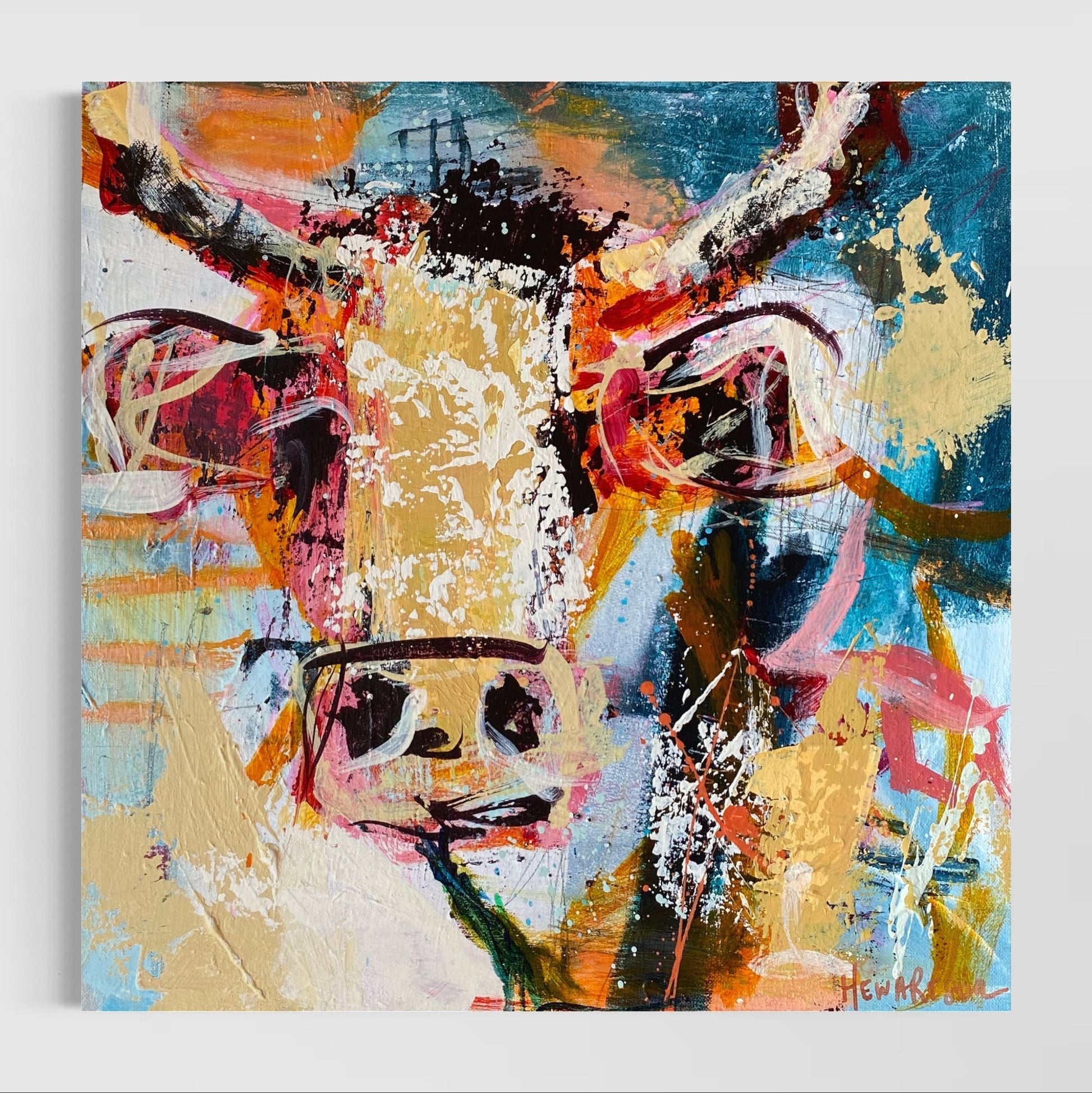 Tango   - by Australian Artist Rose Hewartson Original Abstract Cow Painting on Canvas Framed 45 x 45cm Statement Piece