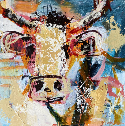 Tango   - by Australian Artist Rose Hewartson Original Abstract Cow Painting on Canvas Framed 45 x 45cm Statement Piece