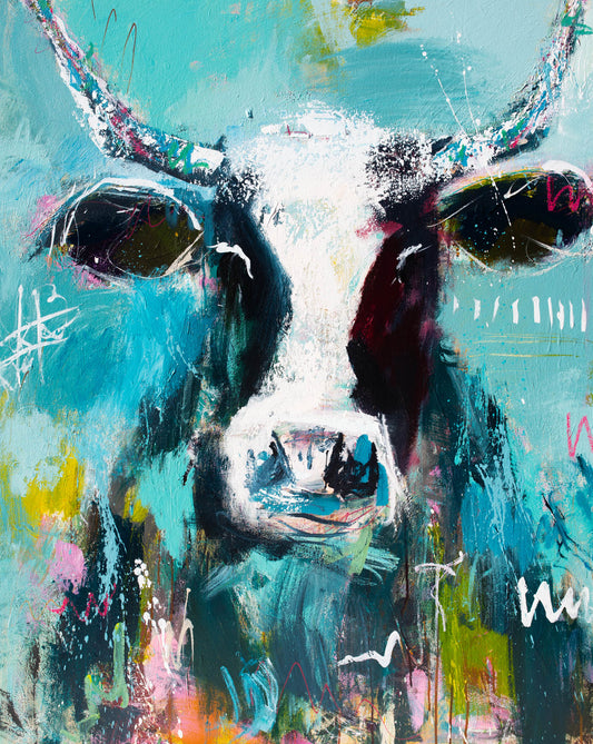Taurus - by Australian Artist Rose Hewartson Original Abstract Cow Painting on Canvas Framed 96x123 cm Statement Piece