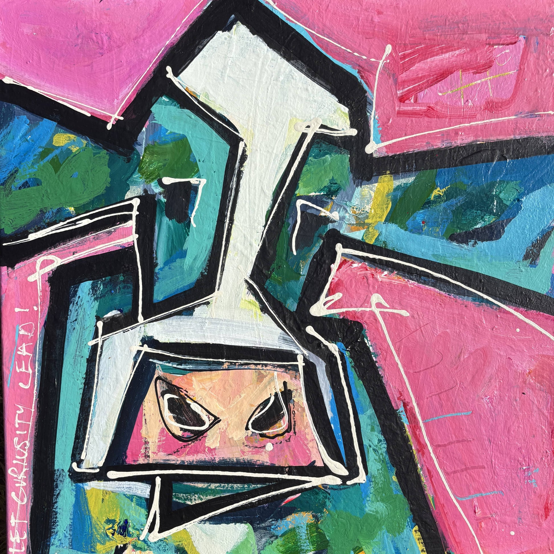 The Motley Crew No 4 - Abstract Cow by Australian Artist Rose Hewartson Original Abstract Painting on Canvas Framed 53x53 cm Statement Piece