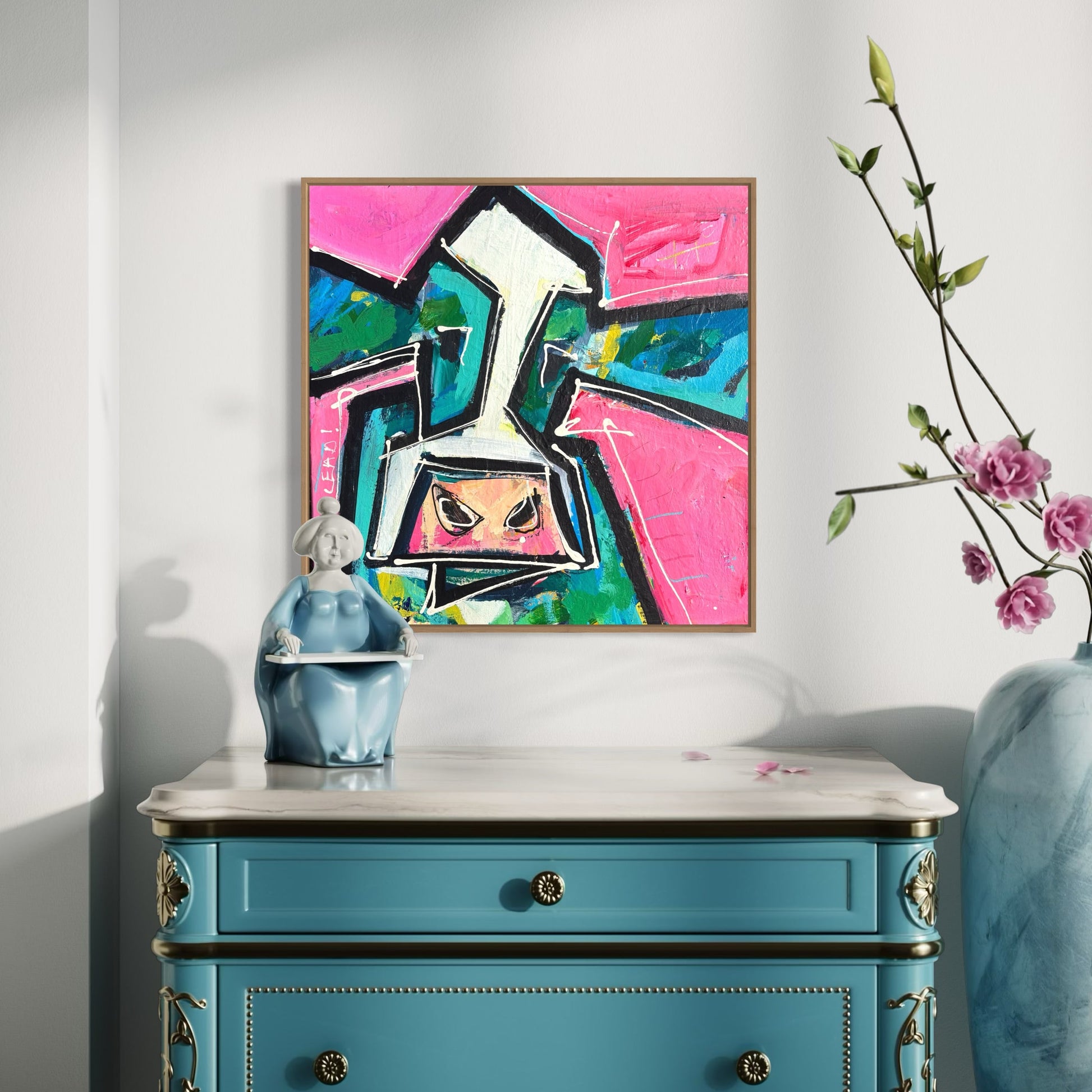 The Motley Crew No 4 - Abstract Cow by Australian Artist Rose Hewartson Original Abstract Painting on Canvas Framed 53x53 cm Statement Piece