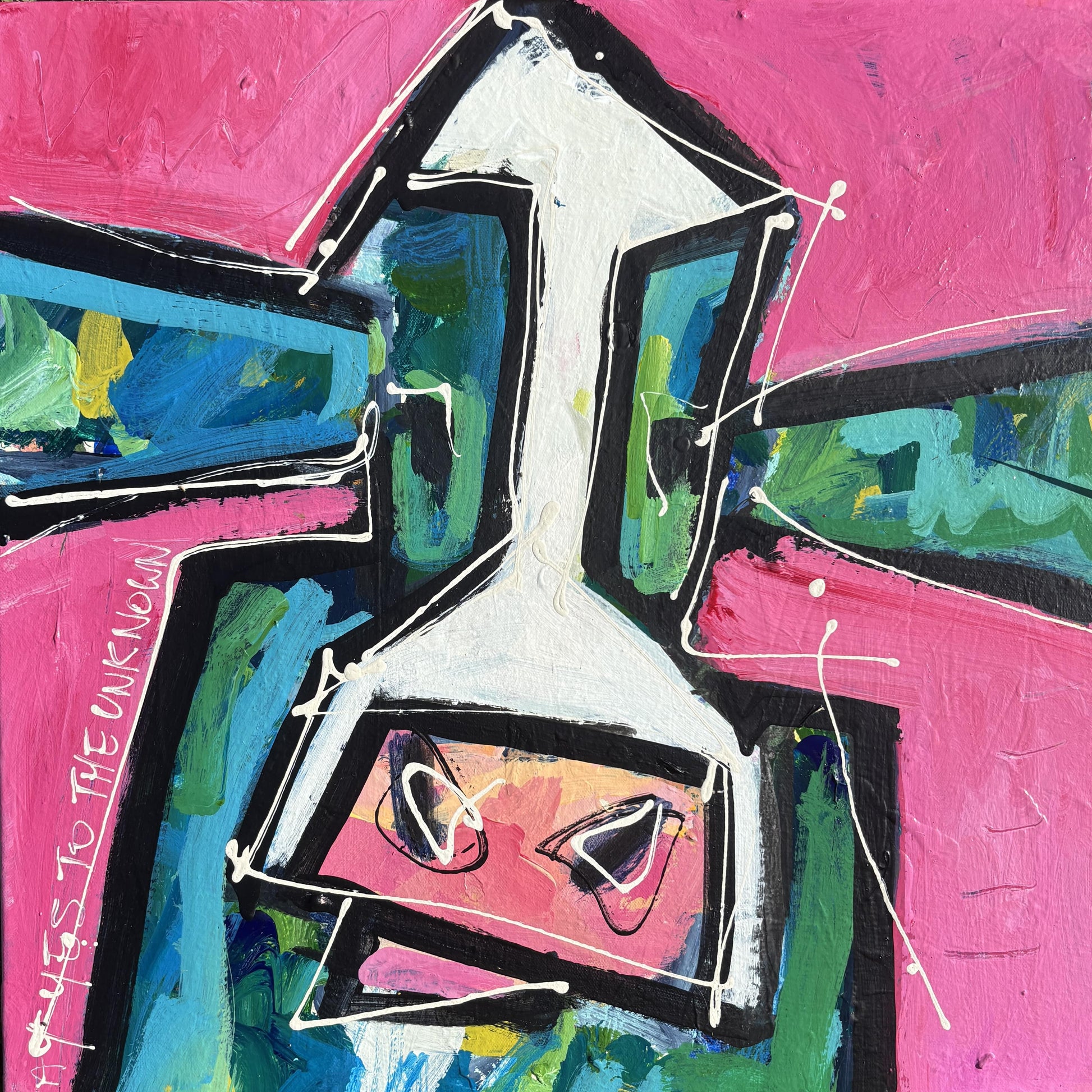 The Motley Crew No 5 - Abstract Cow by Australian Artist Rose Hewartson Original Abstract Painting on Canvas Framed 53x53 cm Statement Piece