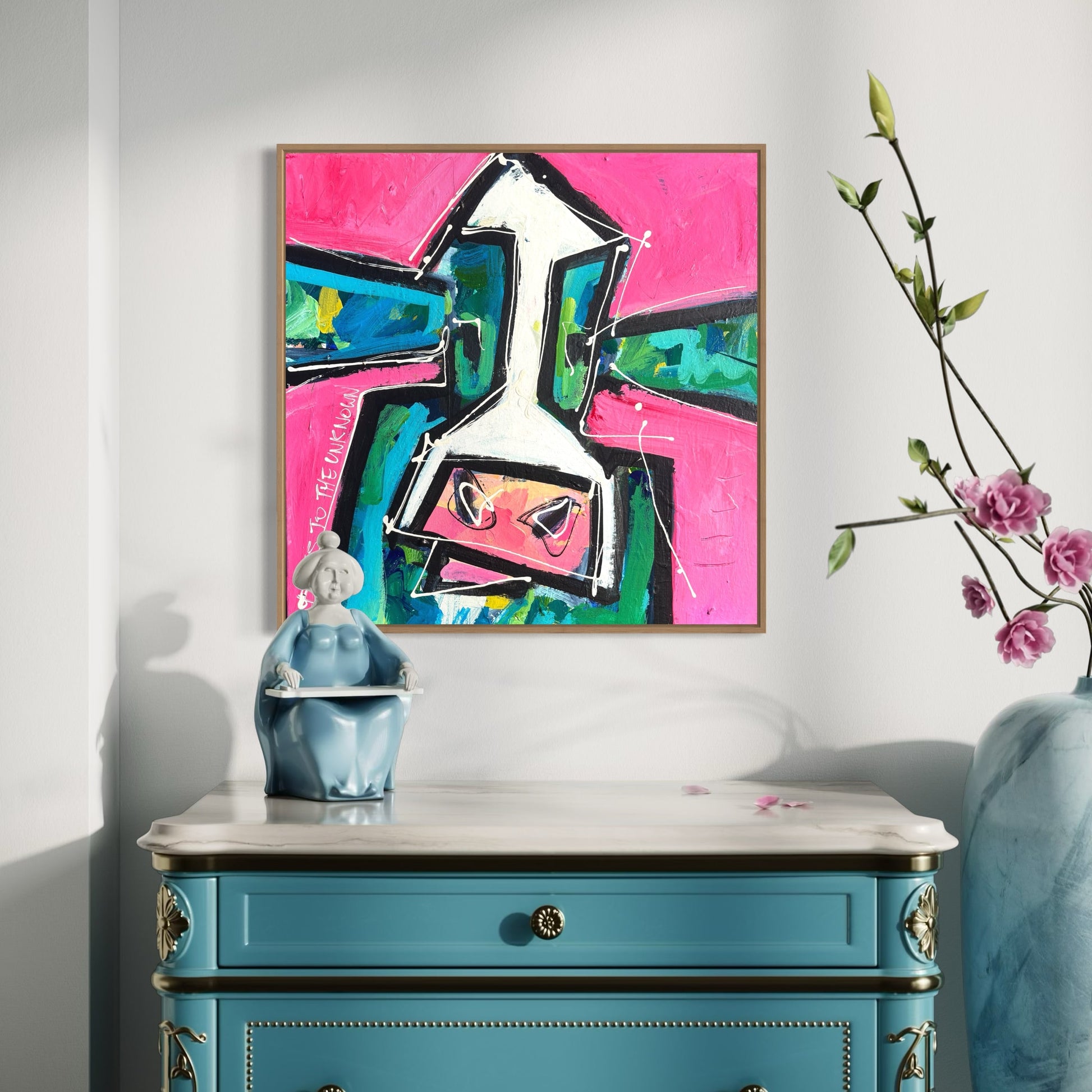 The Motley Crew No 5 - Abstract Cow by Australian Artist Rose Hewartson Original Abstract Painting on Canvas Framed 53x53 cm Statement Piece