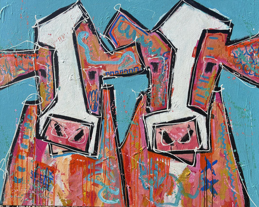 The Ratbags - Abstract Cow by Australian Artist Rose Hewartson Original Abstract Painting on Canvas Framed 99x123 cm Statement Piece