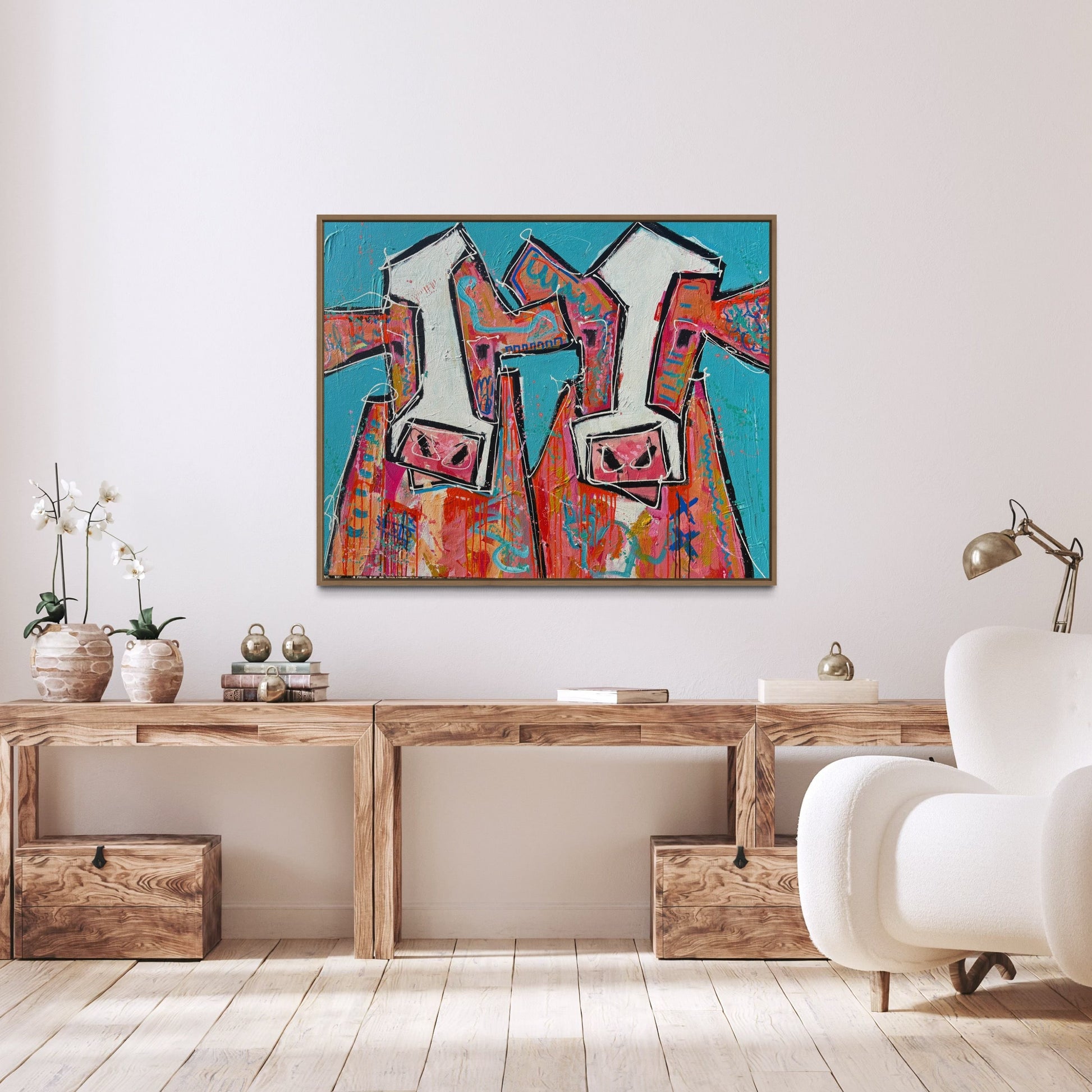 The Ratbags - Abstract Cow by Australian Artist Rose Hewartson Original Abstract Painting on Canvas Framed 99x123 cm Statement Piece