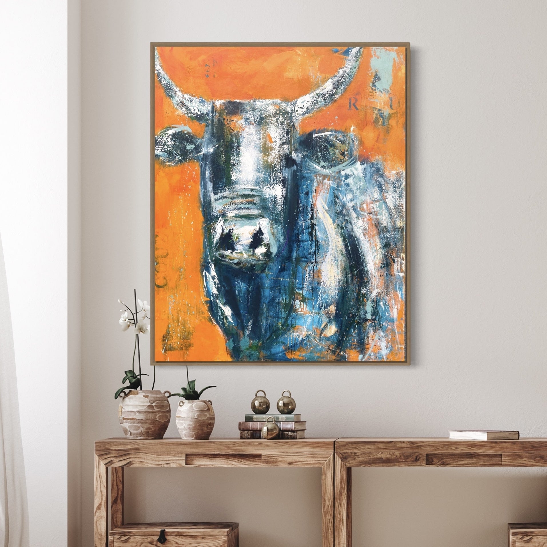 Toro - Abstract Cow by Australian Artist Rose Hewartson Original Abstract Painting on Canvas Framed 96x123 cm Statement Piece
